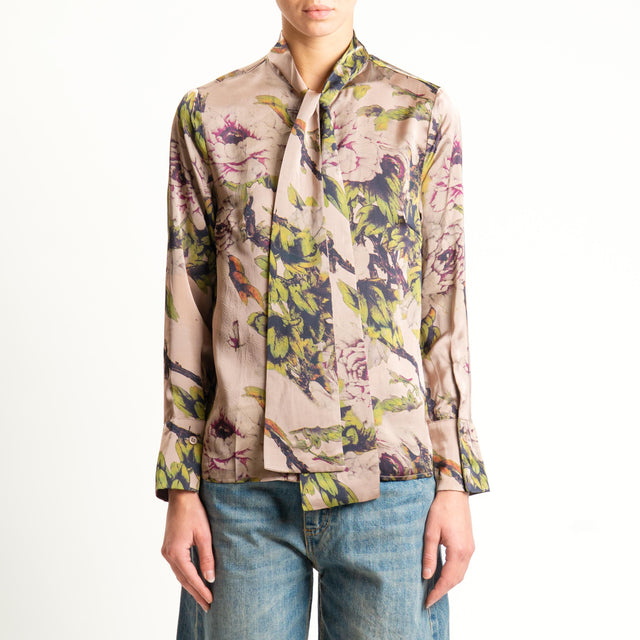 Anonyme-Camicia SOFT-HAND SATIN fantasia floreale con cravatta - beige/olio