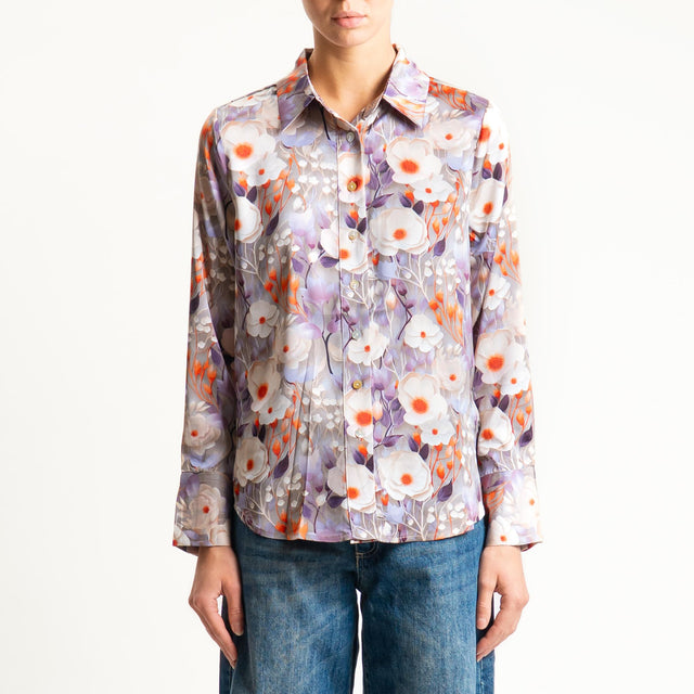Anonyme-Camicia SOFT-HAND SATIN fantasia floreale - taupe/orange/peonia