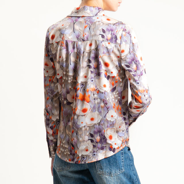 Anonyme-Camicia SOFT-HAND SATIN fantasia floreale - taupe/orange/peonia