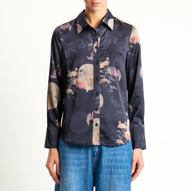 Anonyme-Camicia SOFT-HAND SATIN fantasia floreale - nero/beige