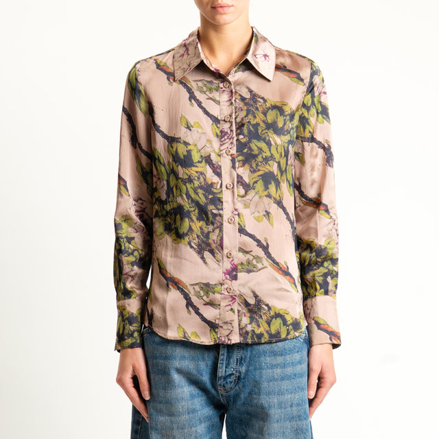 Anonyme-Camicia SOFT-HAND SATIN fantasia floreale - beige/olio