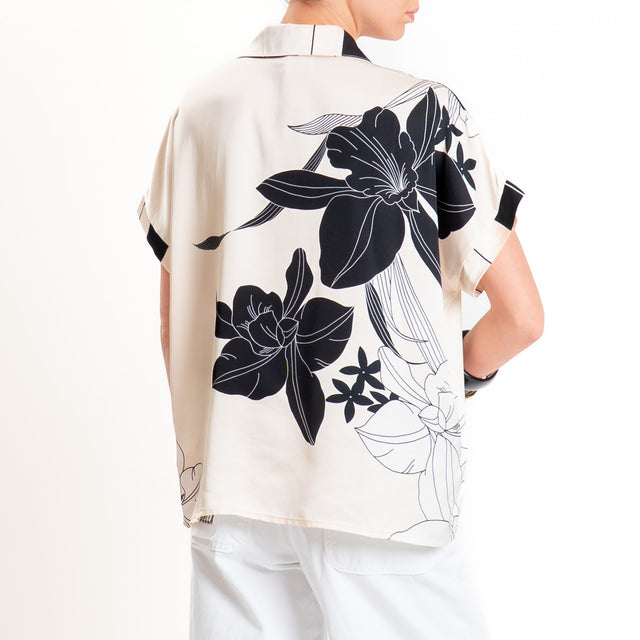 Anonyme-Camicia fantasia in satin - burro/nero