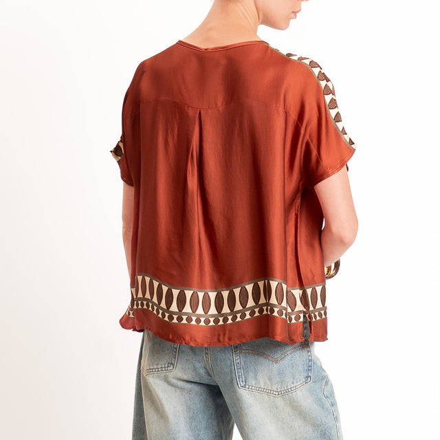 Anonyme-Blusa fantasia in satin scollo a v - brick/sand/moro