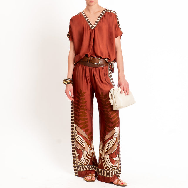 Anonyme-Blusa fantasia in satin scollo a v - brick/sand/moro