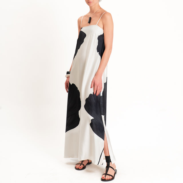 Anonyme-Abito satin fantasia foglie bretelle regolabili - burro/nero
