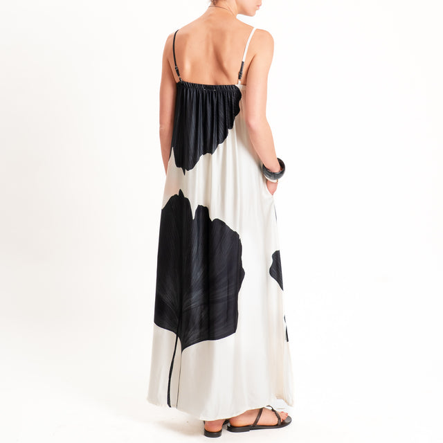 Anonyme-Abito satin fantasia foglie bretelle regolabili - burro/nero