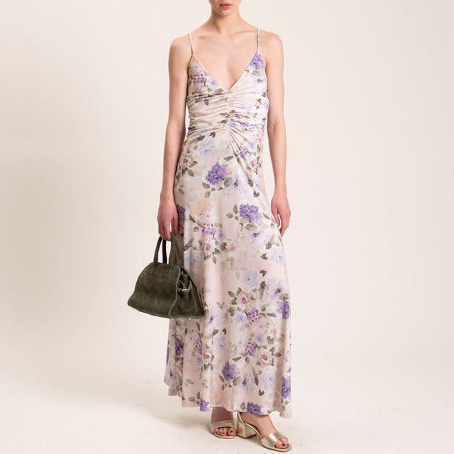 Vicolo-Abito fantasia floreale elasticizzato bretelle regolabili - cipria/peonia/militare