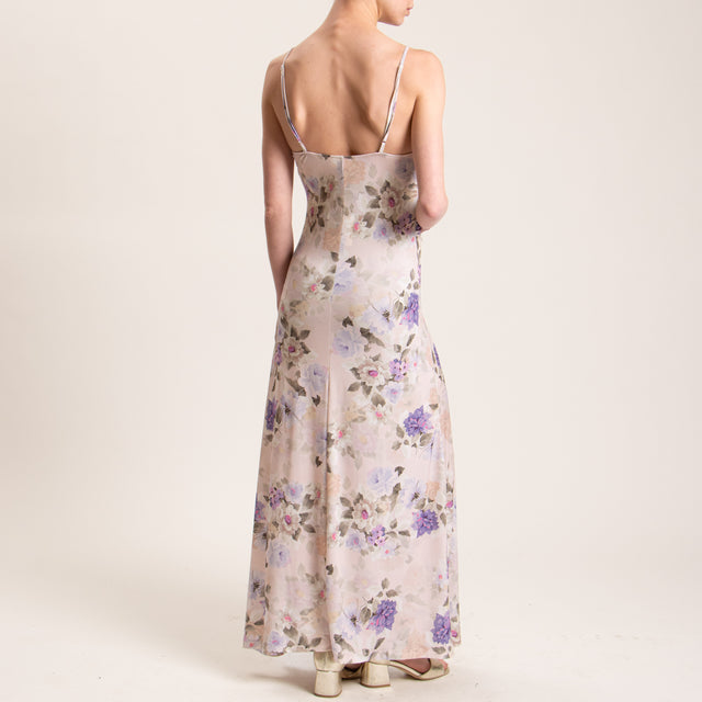 Vicolo-Abito fantasia floreale elasticizzato bretelle regolabili - cipria/peonia/militare