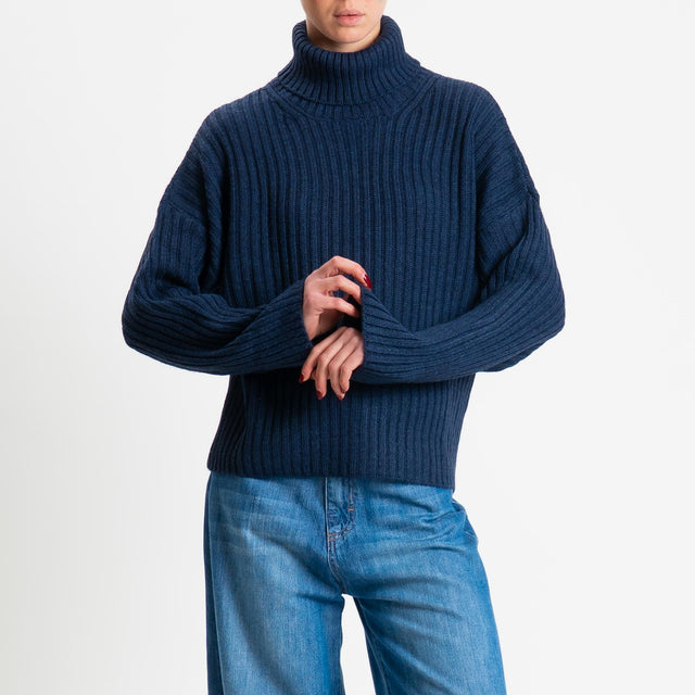 Haveone-Maglia collo alto costa inglese misto alpaca - blu