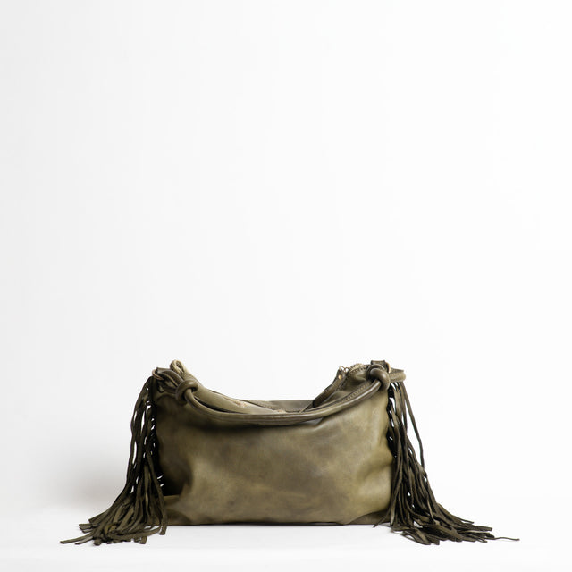 W by Whitemood-Borsa a mano in pelle con frange - militare