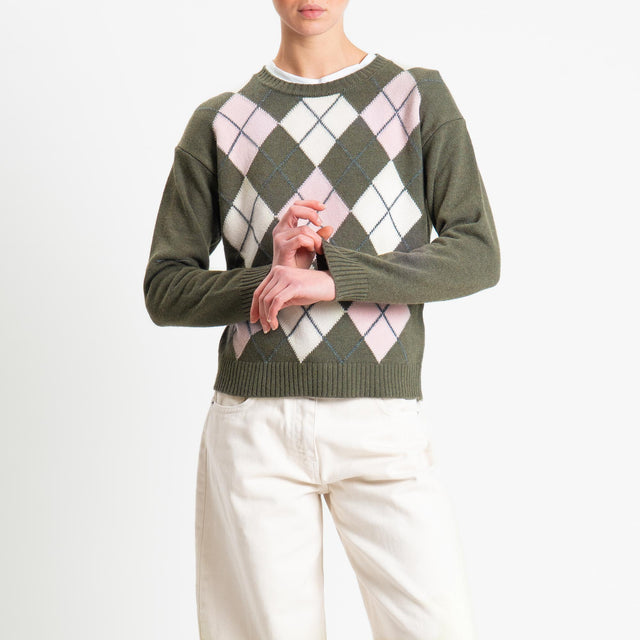 Tensione in-Maglia argyle girocollo misto cashmere - verde/off white/rosa