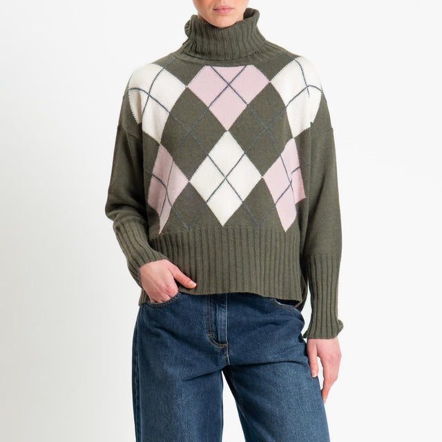 Tensione in-Maglia argyle collo alto misto cashmere - verde/off white/rosa