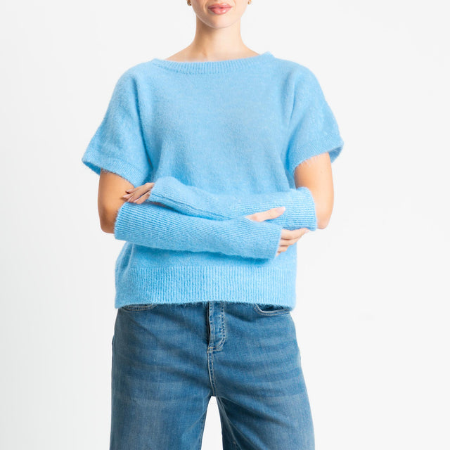 Tensione in-Maglia mohair mezza manica con manicotti - celeste