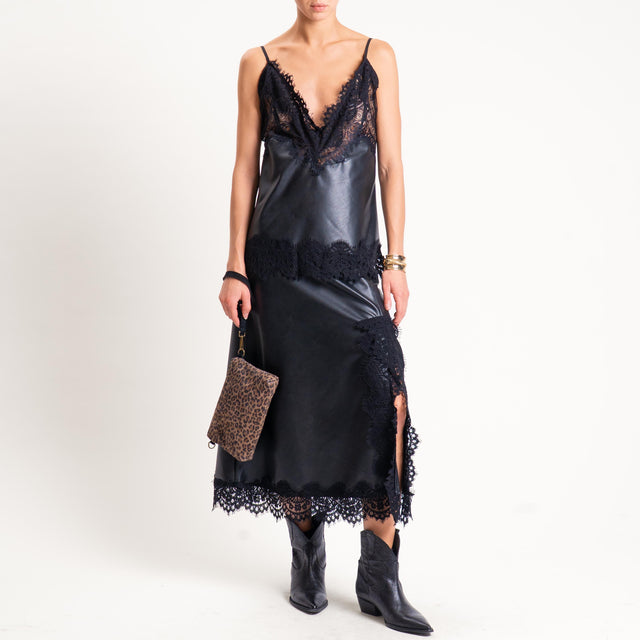 Tensione in- Top similpelle con pizzo bretelle regolabili - nero