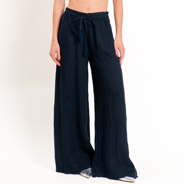 Motel-Pantalone 100% lino elastico con coulisse - blu