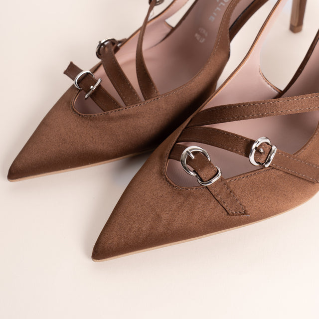 Divine Follie-Slingback raso tre fibbie - cioccolato