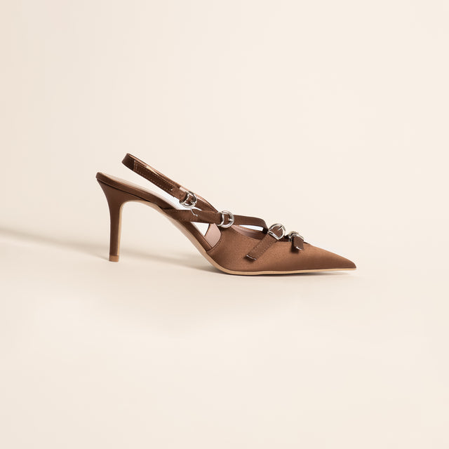 Divine Follie-Slingback raso tre fibbie - cioccolato