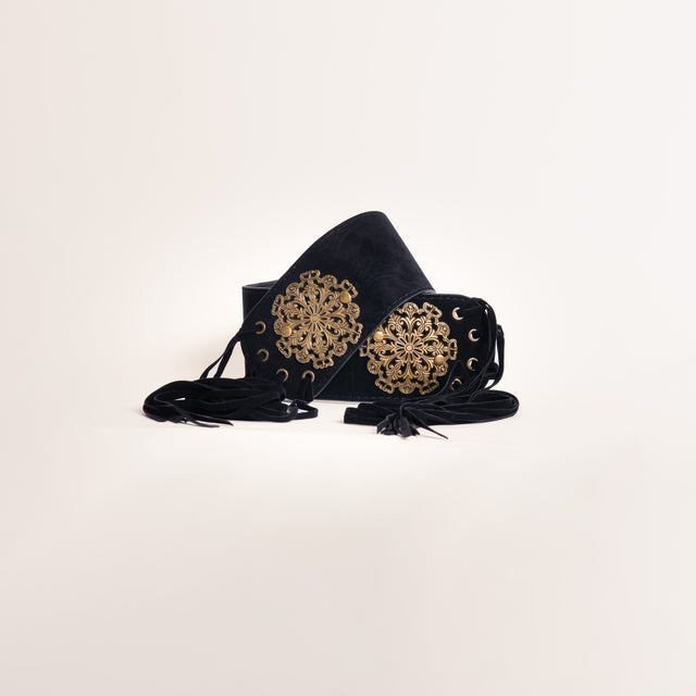 Tensione in-Cintura alta effetto suede con applicazioni - nero