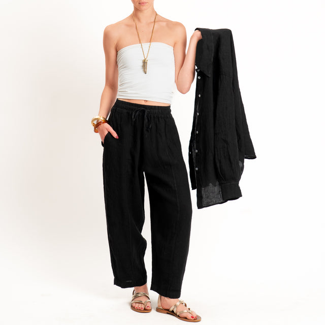 Zeroassoluto-Pantalone barrel elastico in vita 100% lino premium washed - nero
