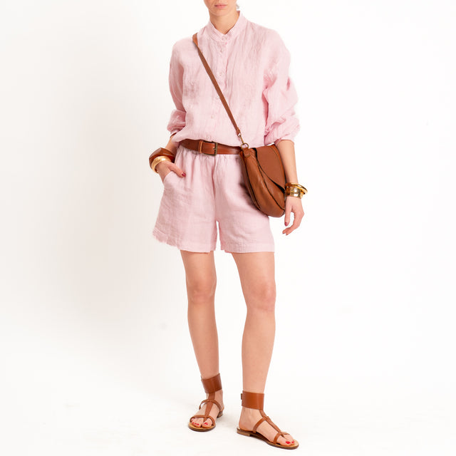 Zeroassoluto-Camicia collo coreana 100% lino premium washed - light pink