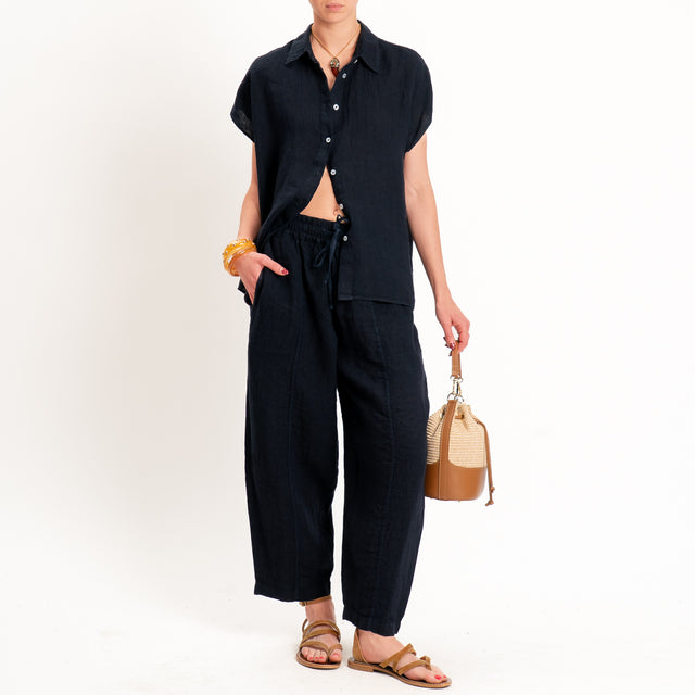 Zeroassoluto-Pantalone barrel elastico in vita 100% lino premium washed - blu