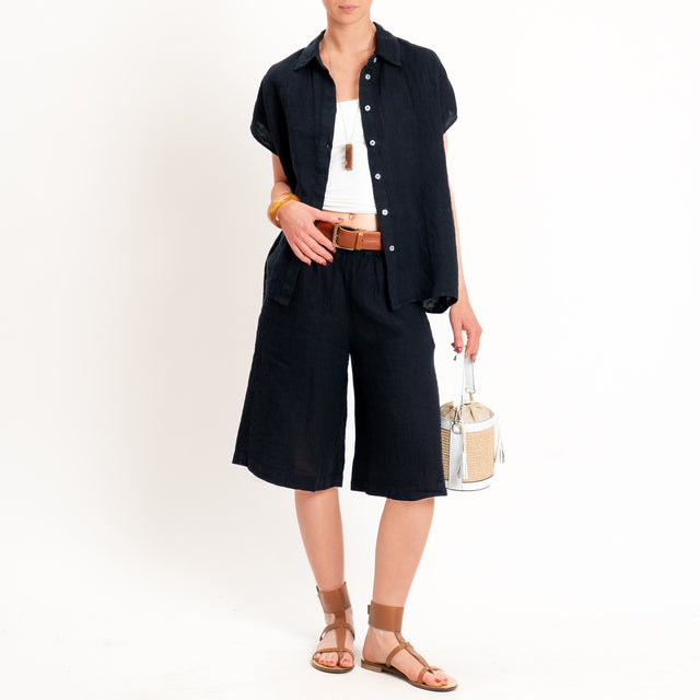 Zeroassoluto-Bermuda elastico in vita 100% lino premium washed - blu