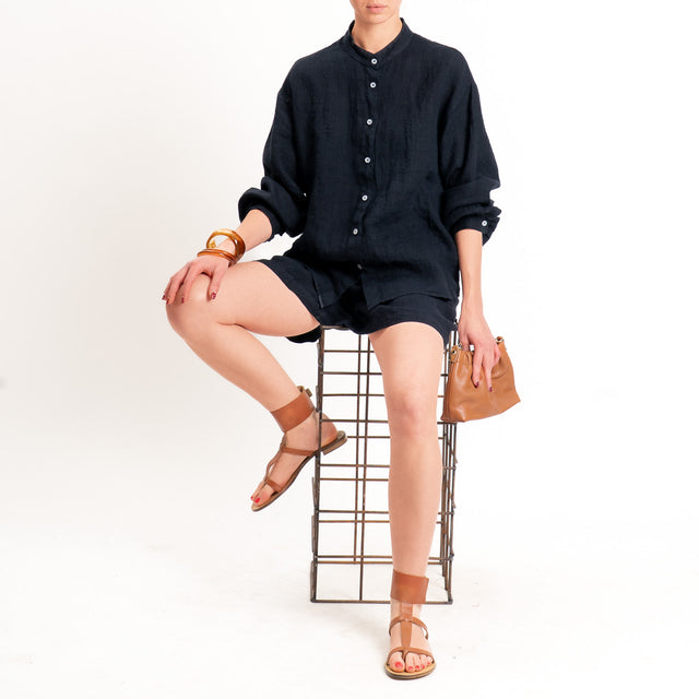 Zeroassoluto-Shorts elastico in vita 100% lino premium washed - blu