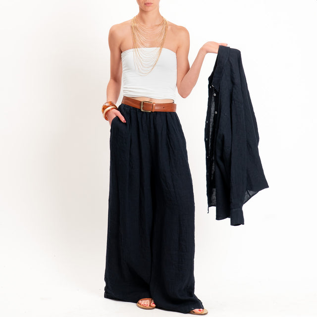 Zeroassoluto-Pantalone wide leg 100% lino premium washed - blu