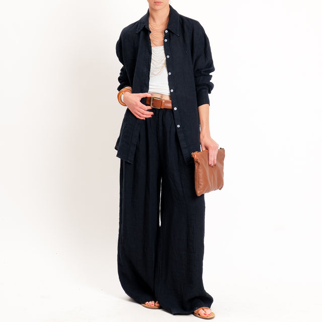 Zeroassoluto-Pantalone wide leg 100% lino premium washed - blu