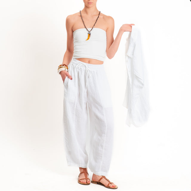 Zeroassoluto-Pantalone barrel elastico in vita 100% lino premium washed - bianco
