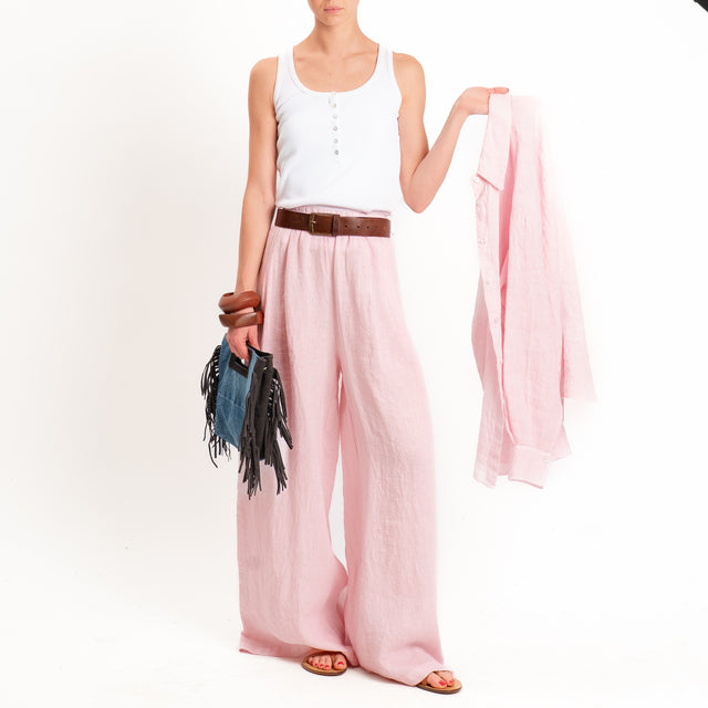 Zeroassoluto-Pantalone wide leg 100% lino premium washed- light pink