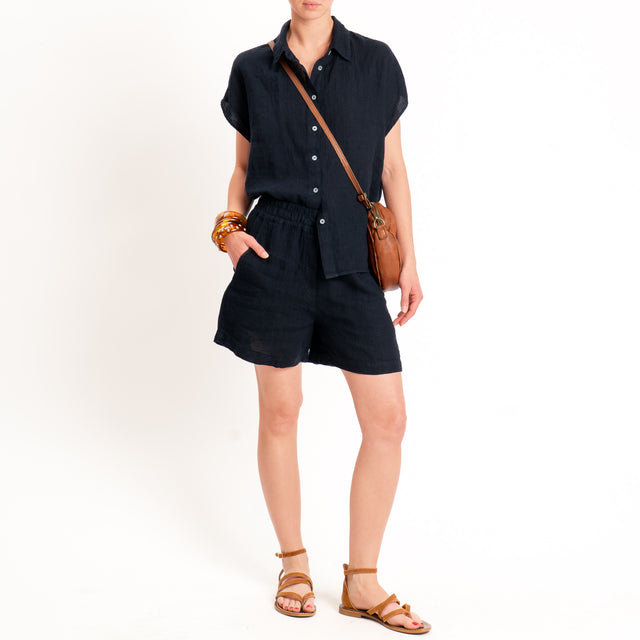 Zeroassoluto-Shorts elastico in vita 100% lino premium washed - blu