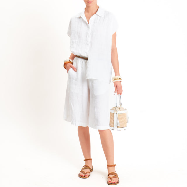 Zeroassoluto-Bermuda elastico in vita 100% lino premium washed - bianco