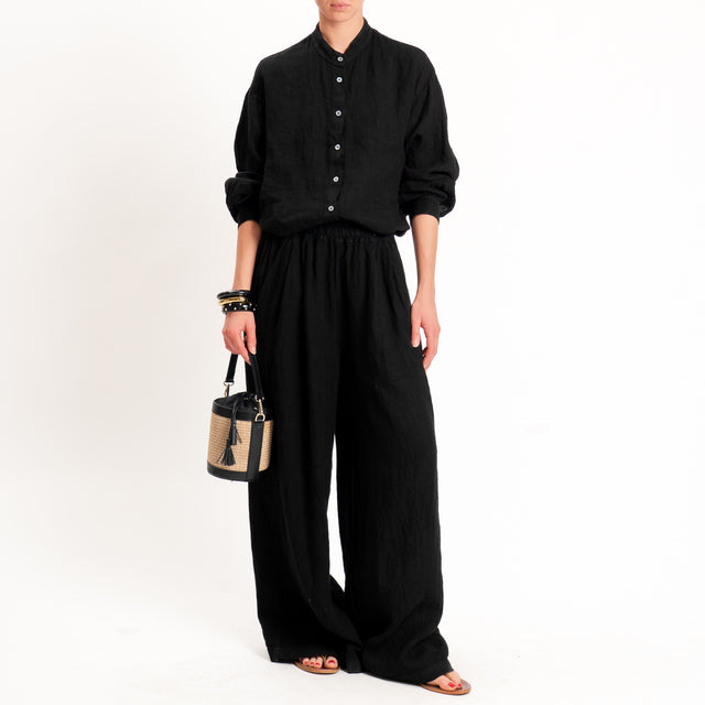 Zeroassoluto-Pantalone wide leg 100% lino premium washed - nero