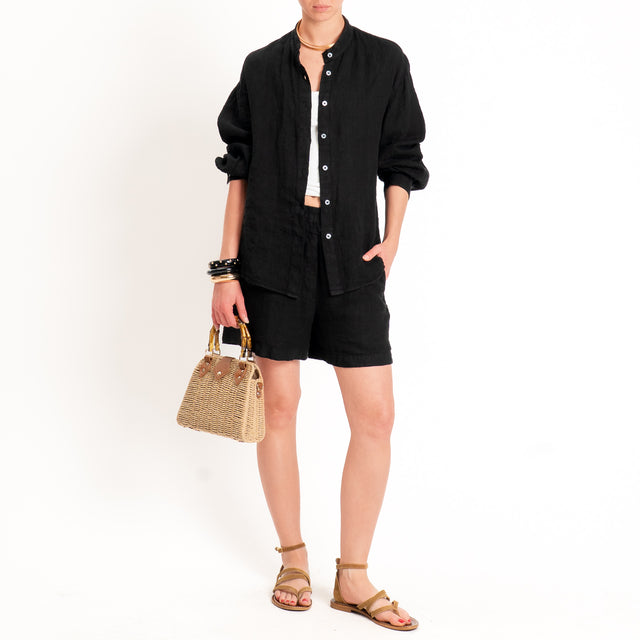 Zeroassoluto-Shorts elastico in vita 100% lino premium washed - nero