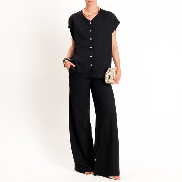 Zeroassoluto-Pantalone LESLEY misto lino wide leg - nero