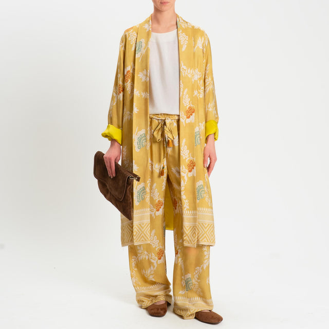 Wu'side-Kimono lungo fantasia floreale - giallo/sand