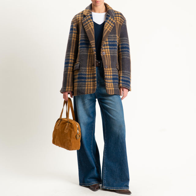 Vicolo-Giacca check misto lana con cintura - moro/blu