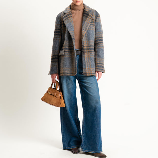 Vicolo-Giacca check misto lana con cintura - antracite/cuoio