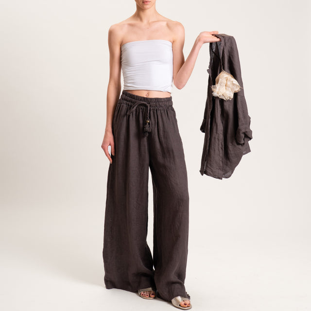 Motel-Pantalone palazzo in lino con coulisse - moro