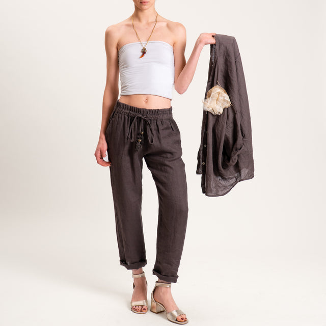 Motel-Pantalone in lino con coulisse - moro