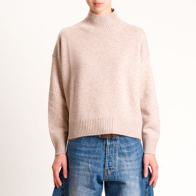 Tensione in-Maglia 100 % lana collo montato - beige melange