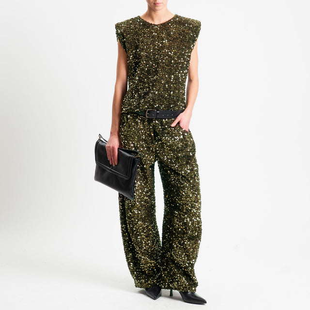 Motel-Pantalone paillettes elastico in vita - militare
