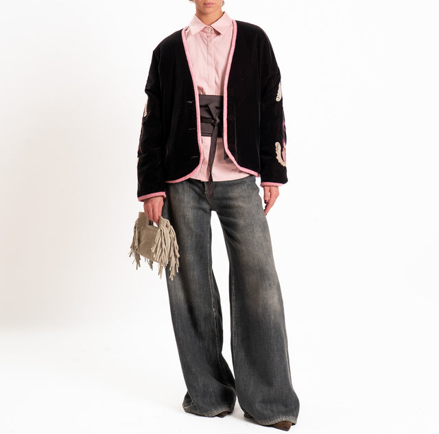 Tensione in-Giacca kimono velluto ciniglia con ric - moro/rosa/sand