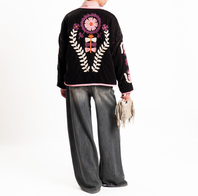 Tensione in-Giacca kimono velluto ciniglia con ric - moro/rosa/sand