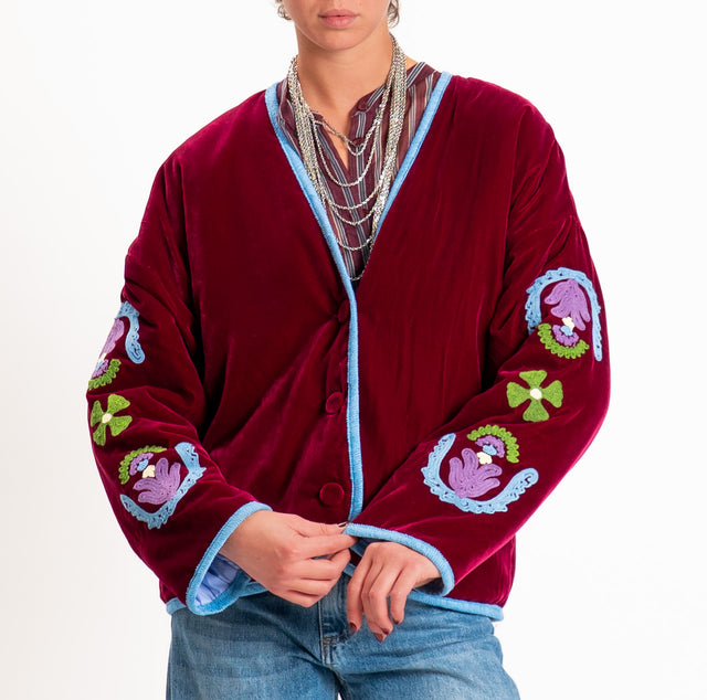 Tensione in-Giacca kimono velluto ciniglia con ric - bordeaux/azzurro/verde