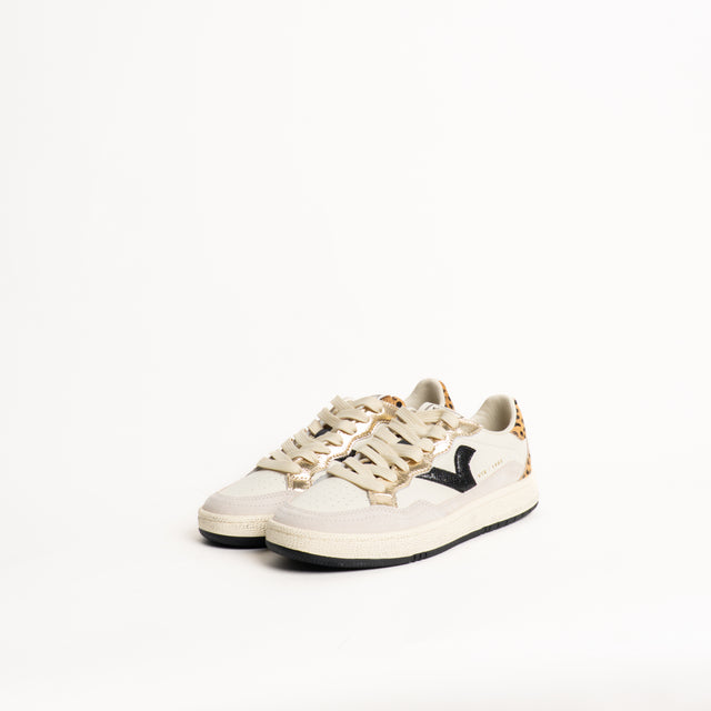 Victoria-Sneakers in pelle con inserti animalier - crema/oro