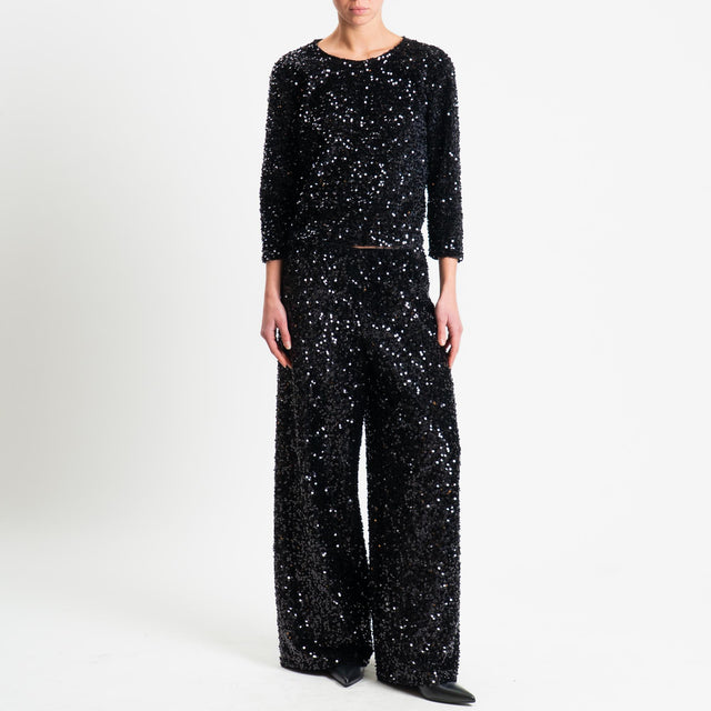 Tensione in-Pantalone wide leg con paillettes elastico in vita - nero