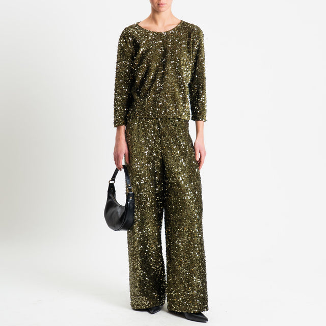 Tensione in-Pantalone wide leg con paillettes elastico in vita - militare