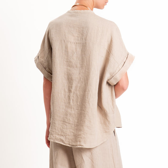Motel-Camicia 100% lino con spilla fiore - sabbia